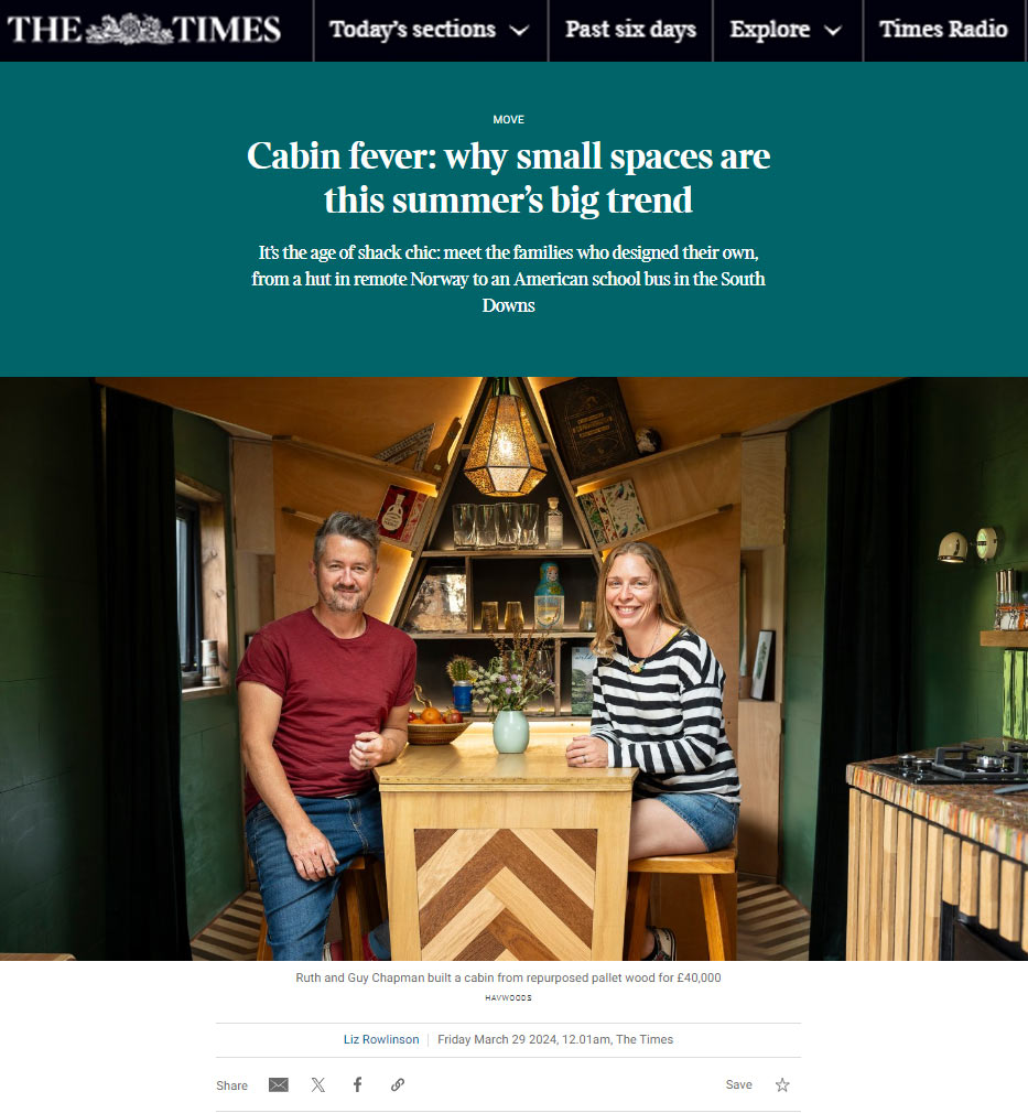 cabin glamping and Skoolie The Times newspaper