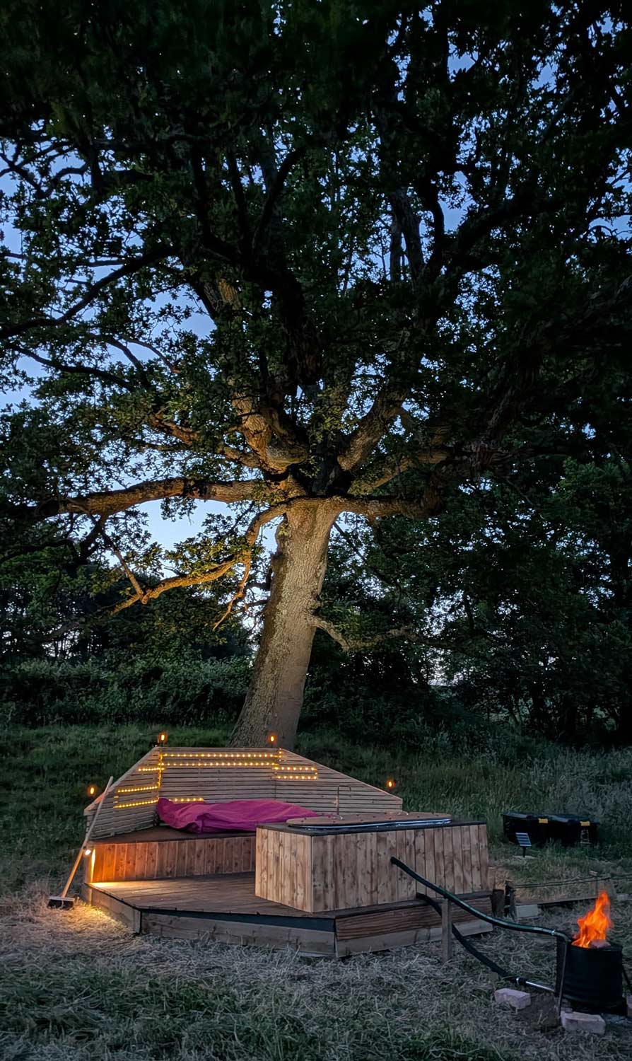 hot tub and lights at night under a tree