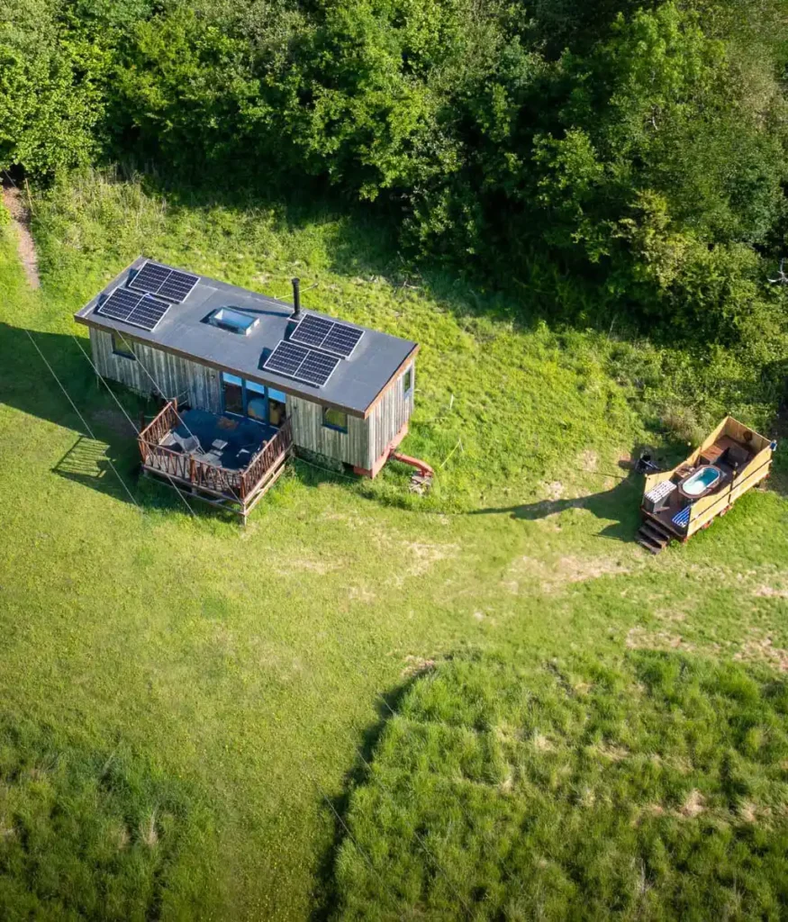 Aerial view of The Vacationist Eco-Cabin and private wood-fired hot tub in Sussex
