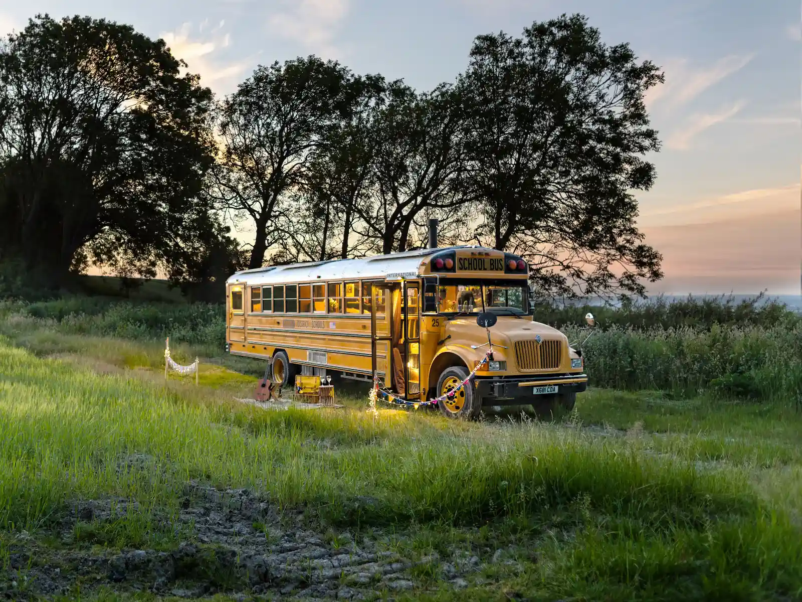 American school bus glamping retreat set in a private West Sussex field