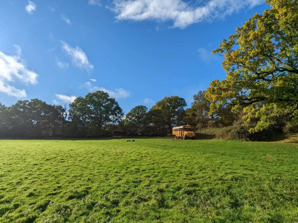 Skoolie Stays in a private meadow in the West Sussex countryside